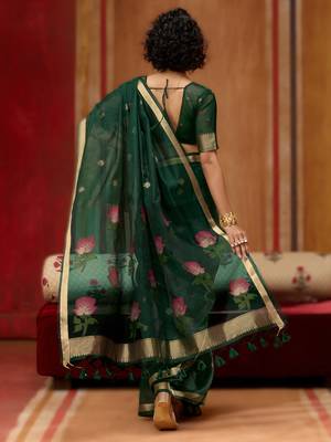 green munga cotton saree with organza woven pallu  party & uniform wear 3