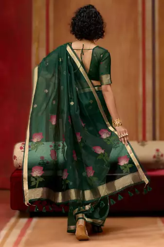 green munga cotton saree with organza woven pallu  party & uniform wear