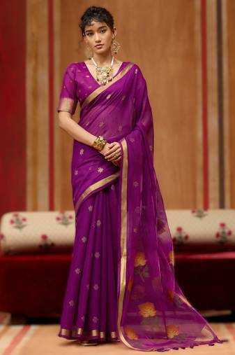 wine munga cotton handloom saree with organza woven pallu     party & uniform wear