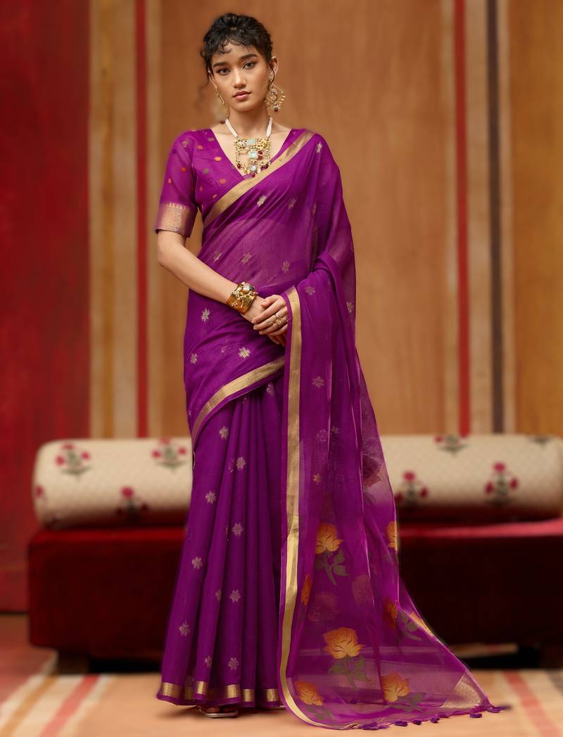 wine munga cotton handloom saree with organza woven pallu     party & uniform wear
