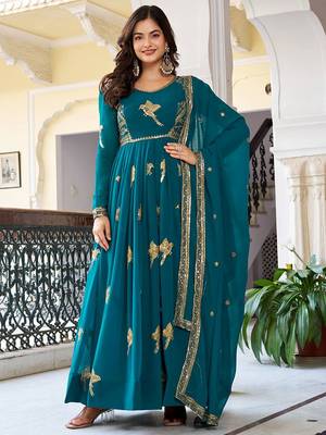Green Embroidered Georgette Gown With Dupatta 1