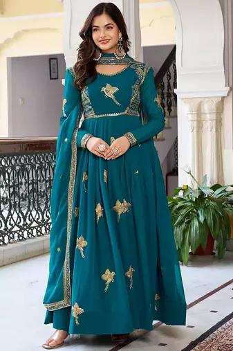 Green Embroidered Georgette Gown With Dupatta