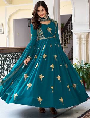 Green Embroidered Georgette Gown With Dupatta 3