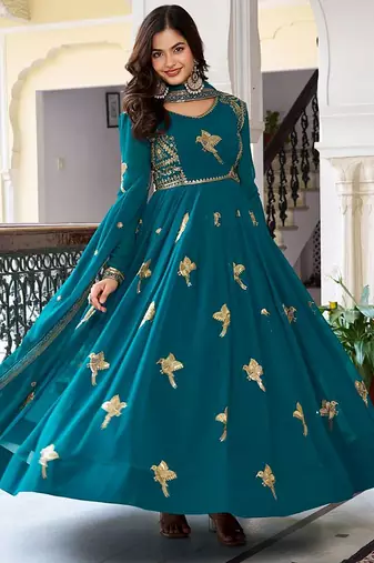 Green Embroidered Georgette Gown With Dupatta