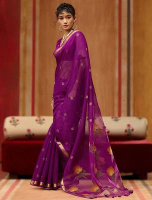 wine munga cotton saree with organza woven pallu  party & uniform wear 2