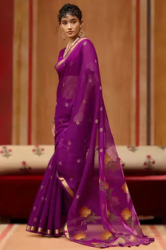 wine munga cotton saree with organza woven pallu  party & uniform wear