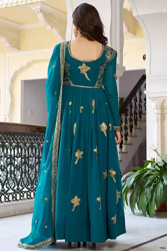 Green Embroidered Georgette Gown With Dupatta