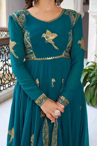 Green Embroidered Georgette Gown With Dupatta