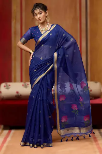 navy blue munga cotton handloom saree with organza woven pallu – party & uniform wear