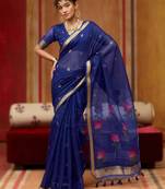 navy blue munga cotton handloom saree with organza woven pallu     party & uniform wear