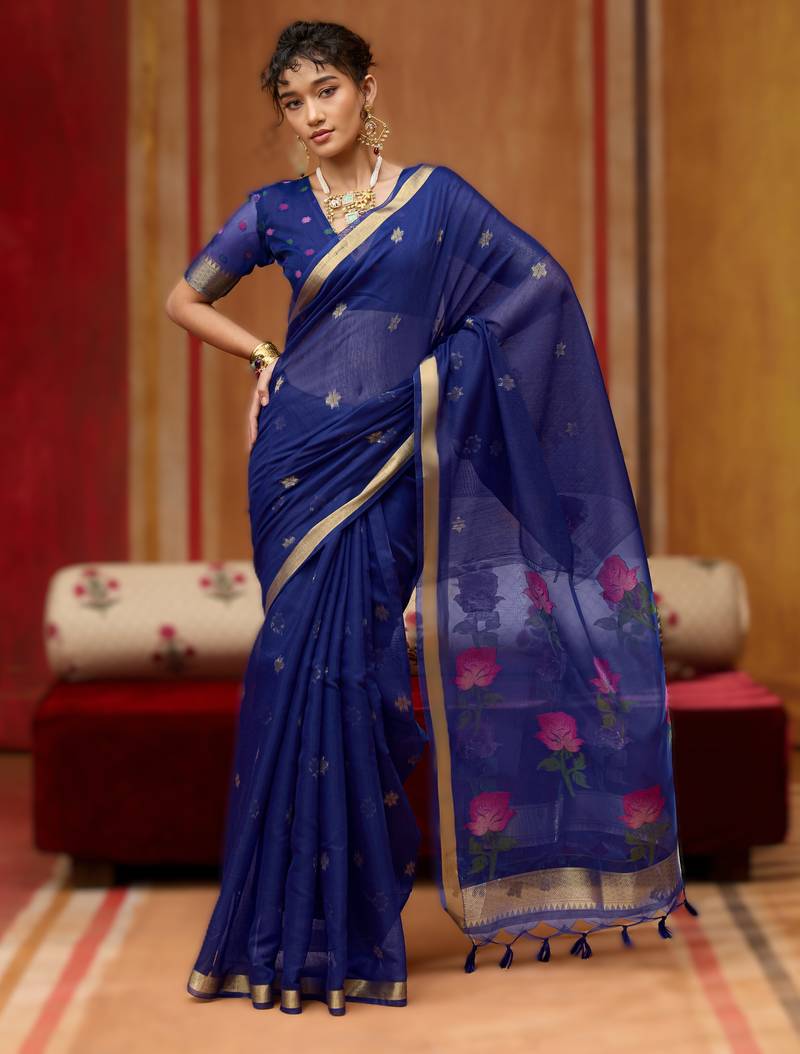 navy blue munga cotton handloom saree with organza woven pallu     party & uniform wear