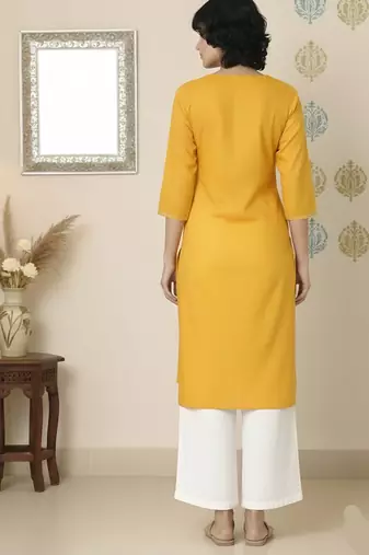 Yellow embroidered rayon kurta palazzo