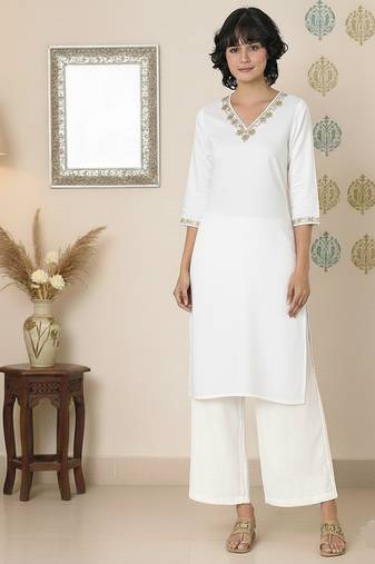 White embroidered rayon kurta palazzo