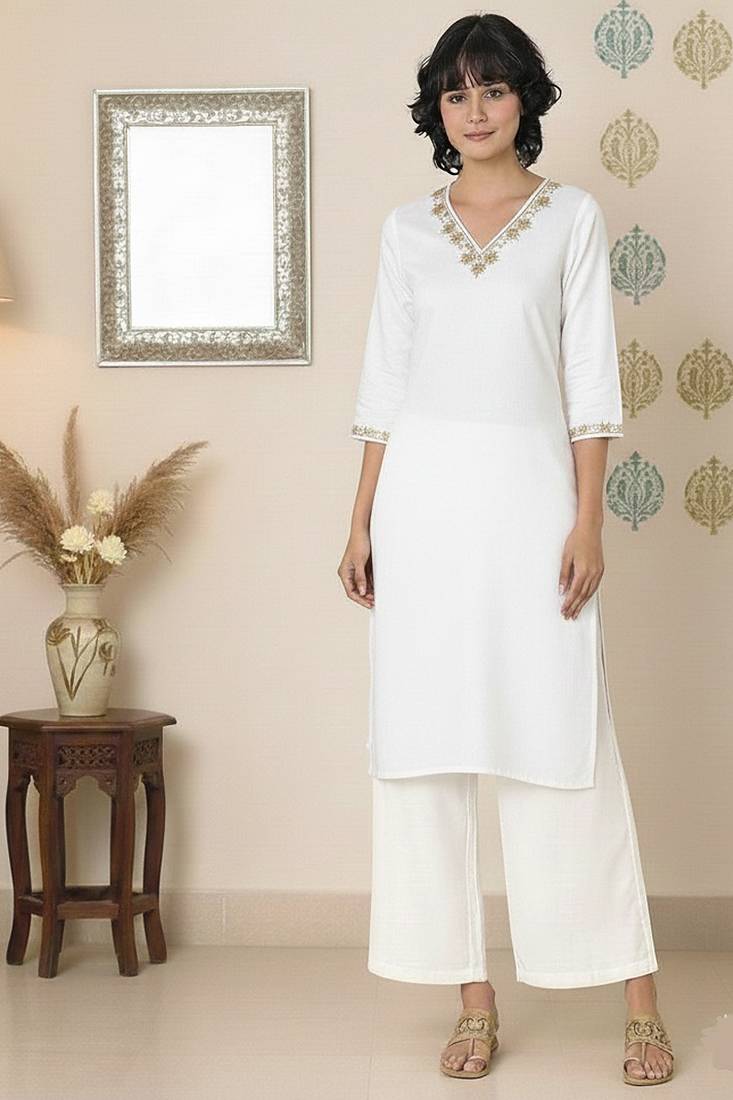 White embroidered rayon kurta palazzo