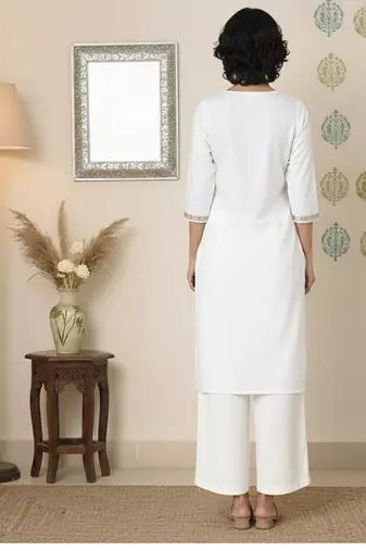 White embroidered rayon kurta palazzo
