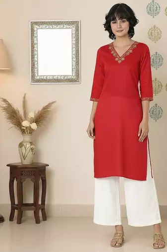 Red embroidered rayon kurta palazzo