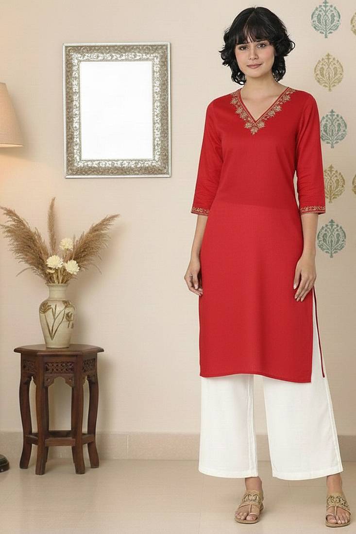 Red embroidered rayon kurta palazzo