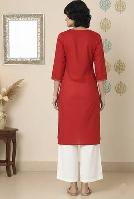 Red embroidered rayon kurta palazzo 2