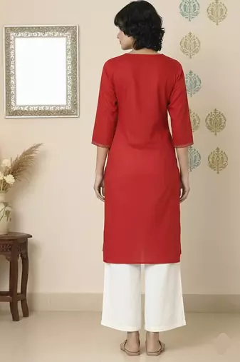 Red embroidered rayon kurta palazzo