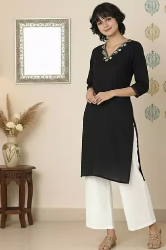 Black embroidered rayon kurta palazzo