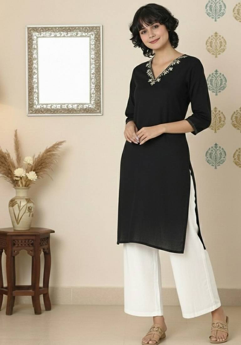 Black embroidered rayon kurta palazzo