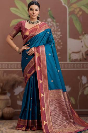 teal blue tussar silk blend handloom weaving saree     ready to dispatch