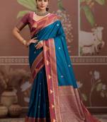 teal blue tussar silk blend handloom weaving saree – ready to dispatch