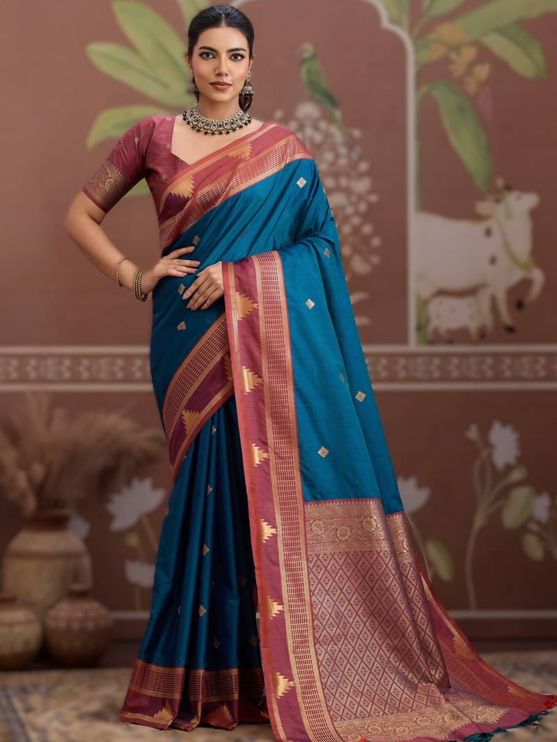 teal blue tussar silk blend handloom weaving saree – ready to dispatch