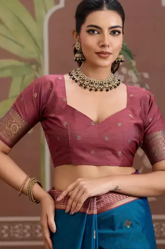teal blue tussar silk blend weaving saree  ready to dispatch