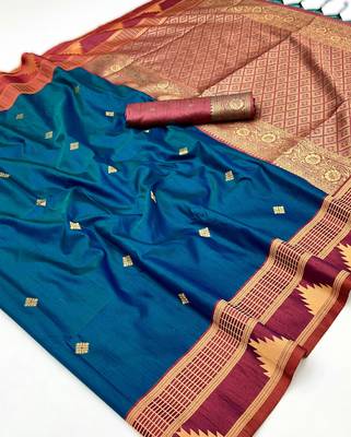teal blue tussar silk blend weaving saree  ready to dispatch 3