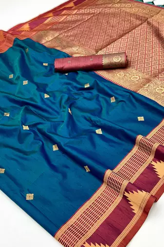 teal blue tussar silk blend weaving saree  ready to dispatch
