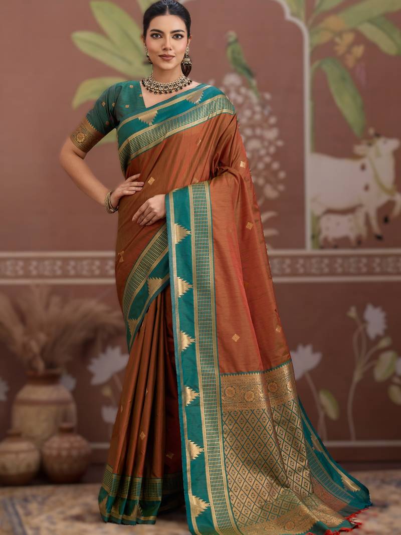 orange tussar silk blend handloom weaving saree – ready to dispatch