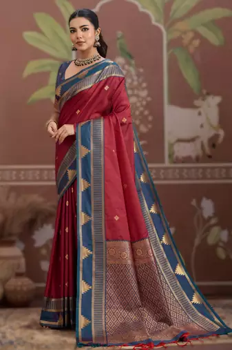 red tussar silk blend handloom weaving saree     ready to dispatch