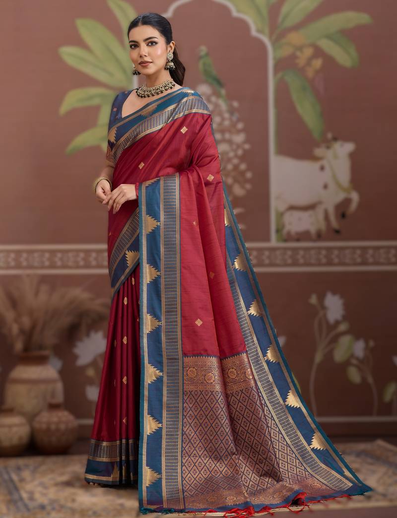 red tussar silk blend handloom weaving saree – ready to dispatch