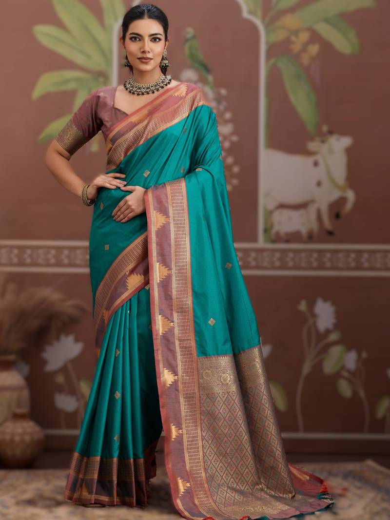sea green tussar silk blend handloom weaving saree – ready to dispatch
