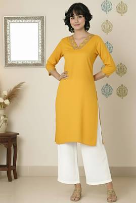 Yellow embroidered rayon kurta palazzo 2