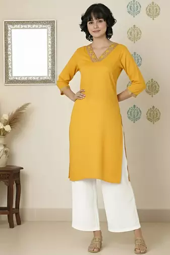 Yellow embroidered rayon kurta palazzo