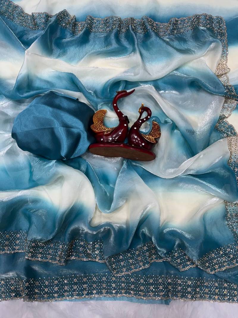 Blue Color Jarkhan Diamond Work Silk Blend Saree