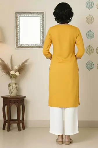Yellow embroidered rayon kurta palazzo