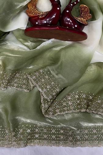 Green Color Jarkhan Diamond Work Silk Blend Saree