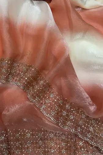 Peach Color Jarkhan Diamond Work Silk Blend Saree