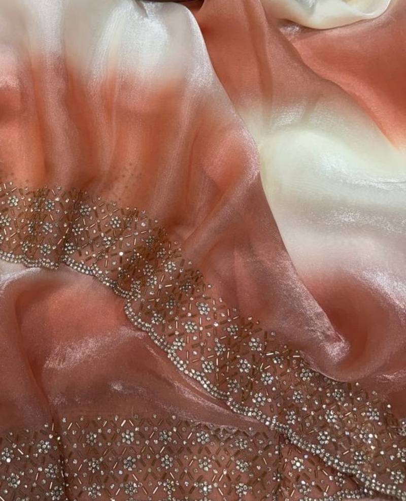 Peach Color Jarkhan Diamond Work Silk Blend Saree