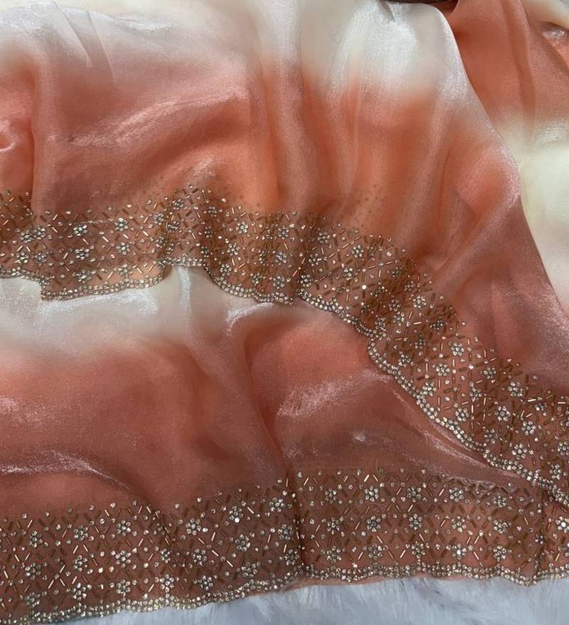 Peach Color Jarkhan Diamond Work Silk Blend Saree