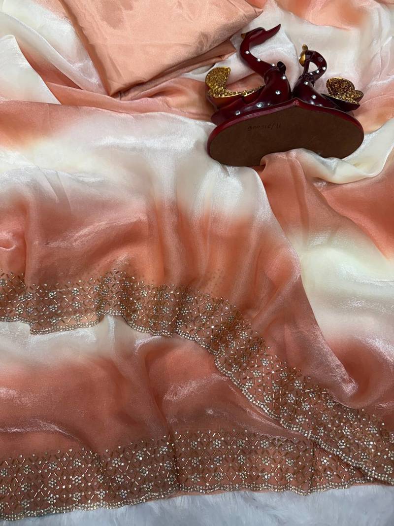 Peach Color Jarkhan Diamond Work Silk Blend Saree