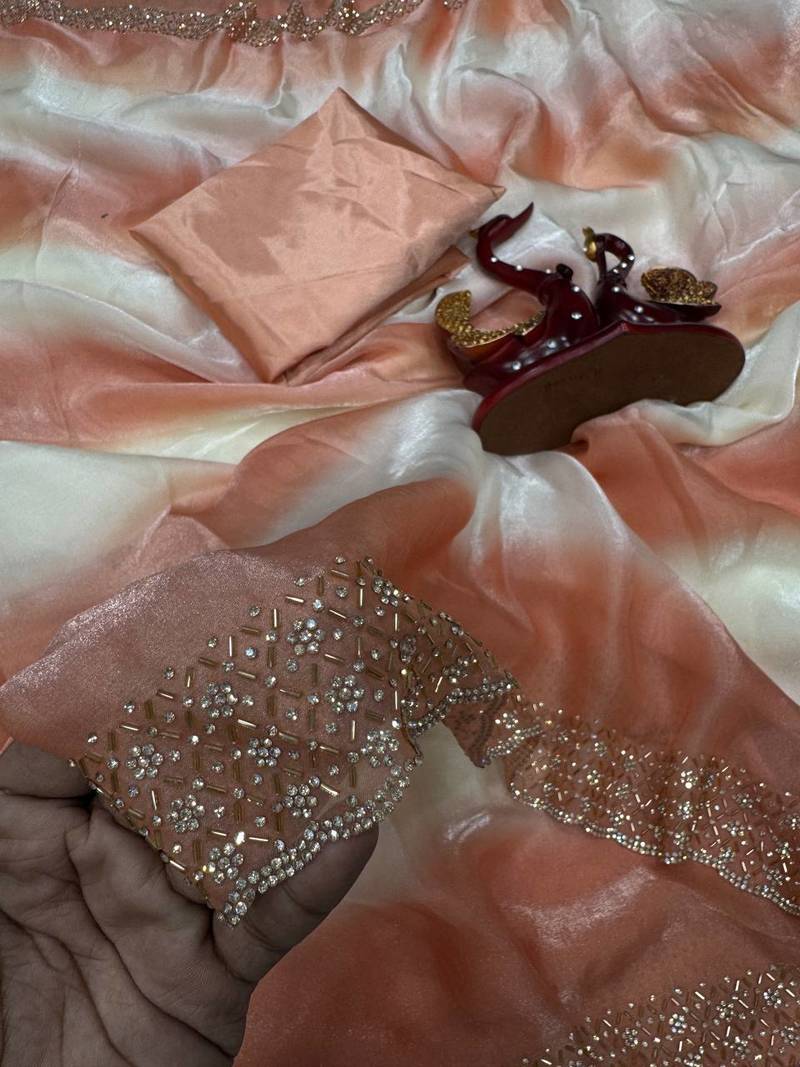 Peach Color Jarkhan Diamond Work Silk Blend Saree