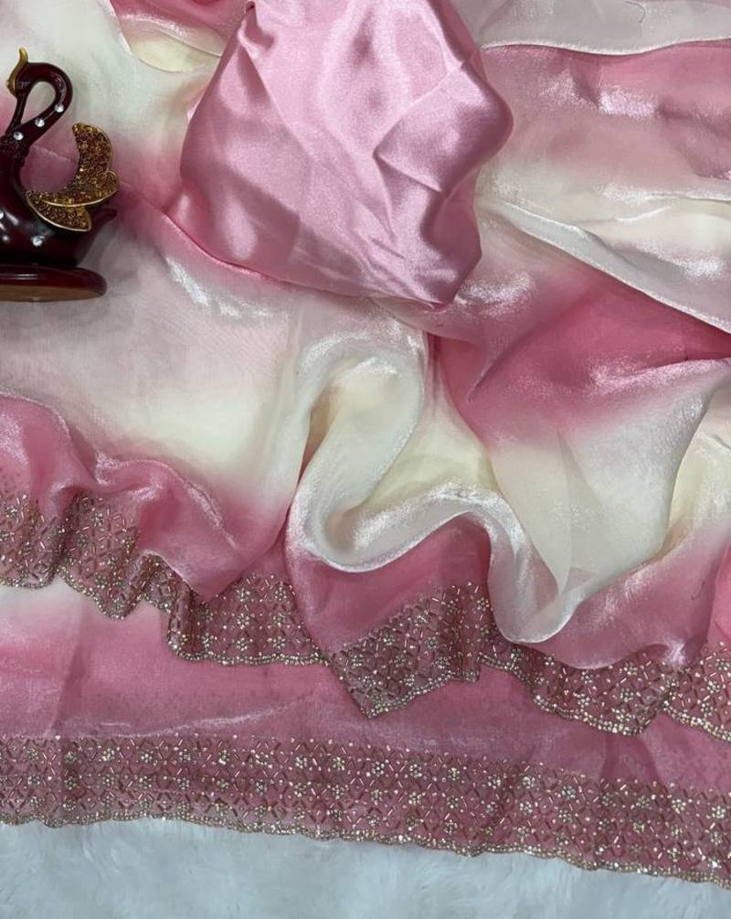 Pink Color Jarkhan Diamond Work Silk Blend Saree