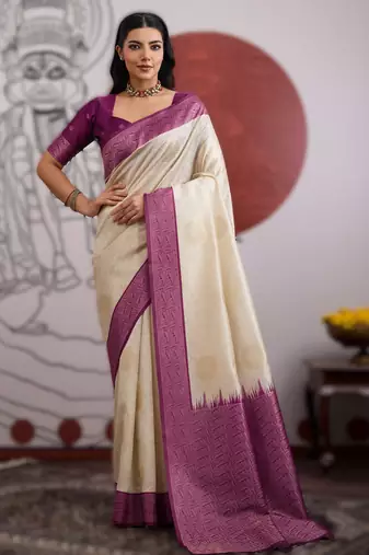 off white handloom weaving paper silk blend saree with paper silk blend blouse     casual & festive wear