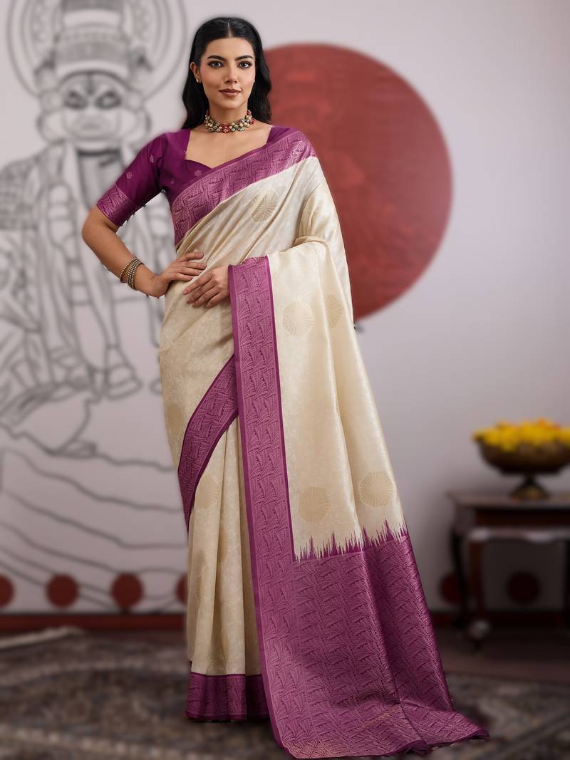 off white handloom weaving paper silk blend saree with paper silk blend blouse     casual & festive wear