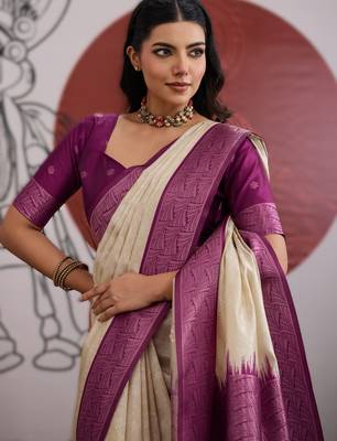 off white weaving paper silk blend saree with paper silk blend blouse  casual & festive wear 2