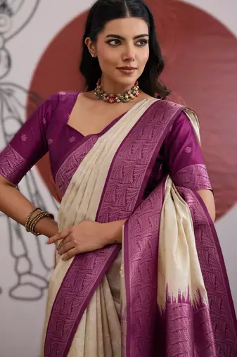 off white weaving paper silk blend saree with paper silk blend blouse  casual & festive wear